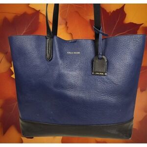 Cole Haan Blue Black Leather Tote Bag Large Shoulder Handbag Womens